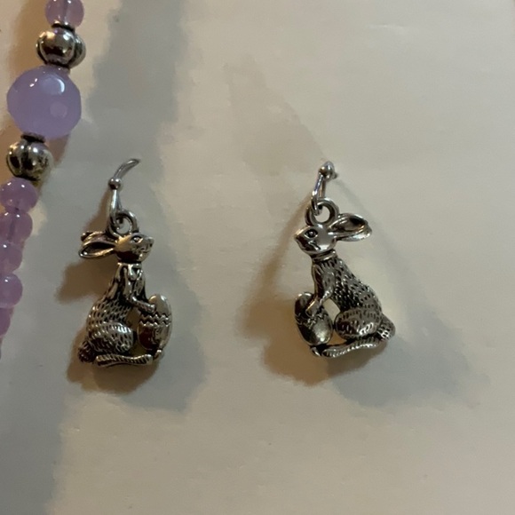 Hand Crafted Rabbit Charm Necklace Pierced Earrings Lavender Silver Easter Bunny - Picture 7 of 13
